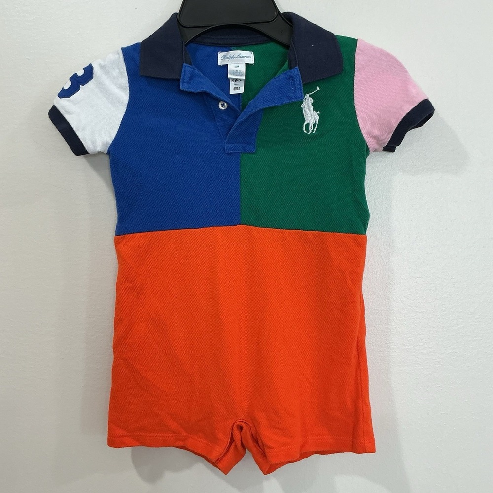 Ralph Lauren Polo Romper Boys Colorblock Patchwork SIZE 18M Big Pony Logo